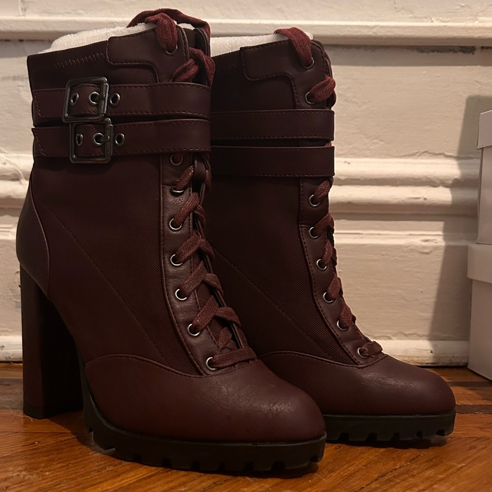 Shoe Dazzle Burgundy Heeled Lace-Up Boots